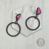 ERZ231205-119               Copper metal circle with hot pink stone Earrings