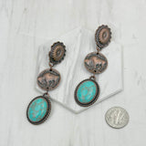 ERZ231205-26               Copper metal flower and buffalo concho with blue turquoise oval stone Earrings