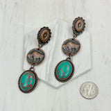 ERZ231205-26               Copper metal flower and buffalo concho with blue turquoise oval stone Earrings