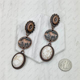 ERZ231205-26               Copper metal flower and buffalo concho with blue turquoise oval stone Earrings