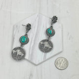 ERZ231205-51                   Silver metal flower and buffalo concho with blue turquoise stone Earrings