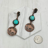 ERZ231205-56           Copper metal flower and buffalo concho with blue turquoise stone Earrings