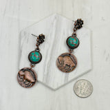 ERZ231205-56           Copper metal flower and buffalo concho with blue turquoise stone Earrings