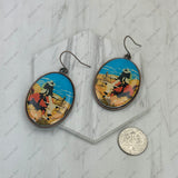 ERZ240519-16             Silver metal with western cowboy oval Earrings
