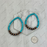 ERZ260415-10            Copper Navajo pearl with blue turquoise stone beads teardrop Earrings