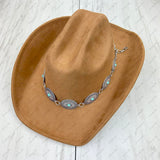 HATC030224-03                  silver oval metal with blue turquoise stone hat decor chain.