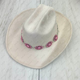 HATC030224-07                 silver oval metal with light pink stone hat decor chain.