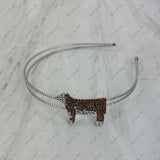 HB251226-03-COW               Silver metal with brown and clear crystal cow Headband