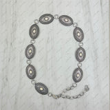 HATC030224-02                  silver oval metal with white stone hat decor chain.