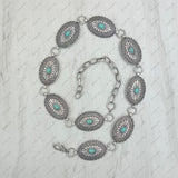 HATC030224-03                  silver oval metal with blue turquoise stone hat decor chain.