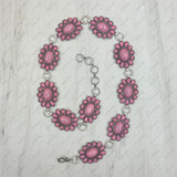 HATC030224-07                 silver oval metal with light pink stone hat decor chain.