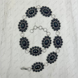 HATC030224-04                  silver oval metal with black stone hat decor chain.