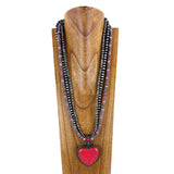 NKS230416-03   3 strings Navajo pearl and red stone necklace with big red stone heart pendent