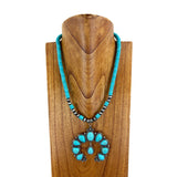 NKS230416-38   "21 Inches 8mm flat turquoise roundel beads and Navajo pearl Necklace with blue squash blossom pendent"
