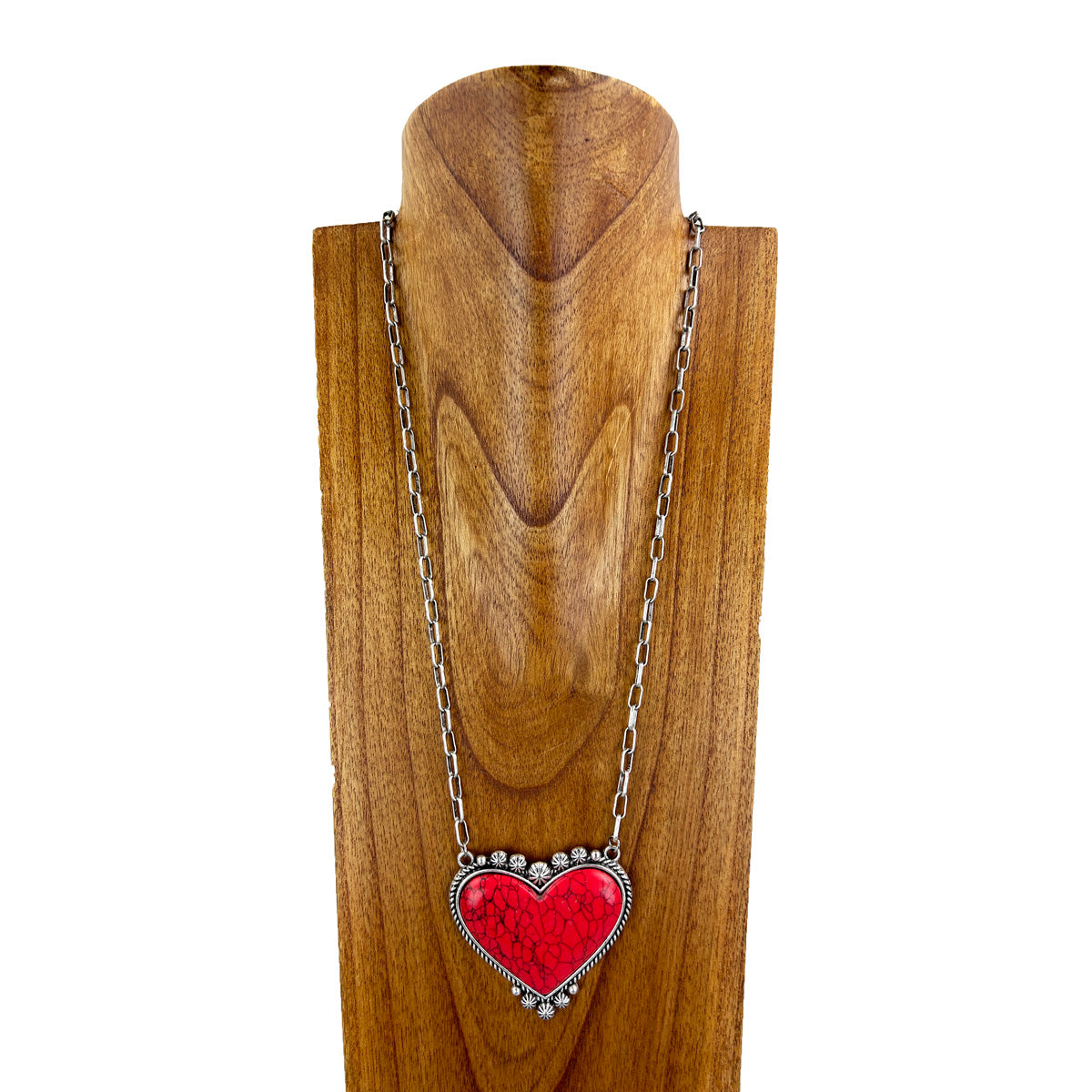 NKS230416-42    "26 inches red stone heart necklace  with paper clip shape silver metal chain"