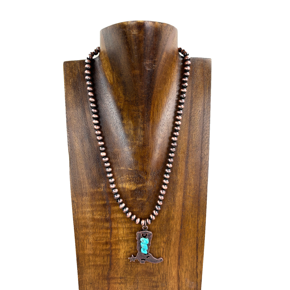 NKS230416-53     "17 inches 6mm cooper color Navajo pearl necklace  with cooper metal boot pendent"