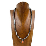 NKS230416-60-ORANGE     "17 inches 6mm silver Navajo pearl necklace  with orange tear drop shape stone pendent"