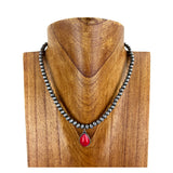 NKS230416-60-RED    "17 inches 6mm silver Navajo pearl necklace  with red tear drop shape stone pendent"