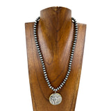 NKS230416-61    "17 inches 6mm silver Navajo pearl necklace  with silver long horn coin pendent"