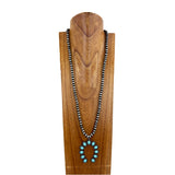NKS230506-01-BLUE     "32 Inches 8mm silver Navajo pearl necklace with  large blue turquoise stone squash blossom pendent"