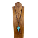 NKS230506-09-BLUE    "34 inches brown imitation leather necklace  with blue turquoise stone cross pendent"