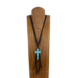 NKS230506-10-BLUE     "34 inches black imitation leather necklace  with blue turquoise stone cross pendent"