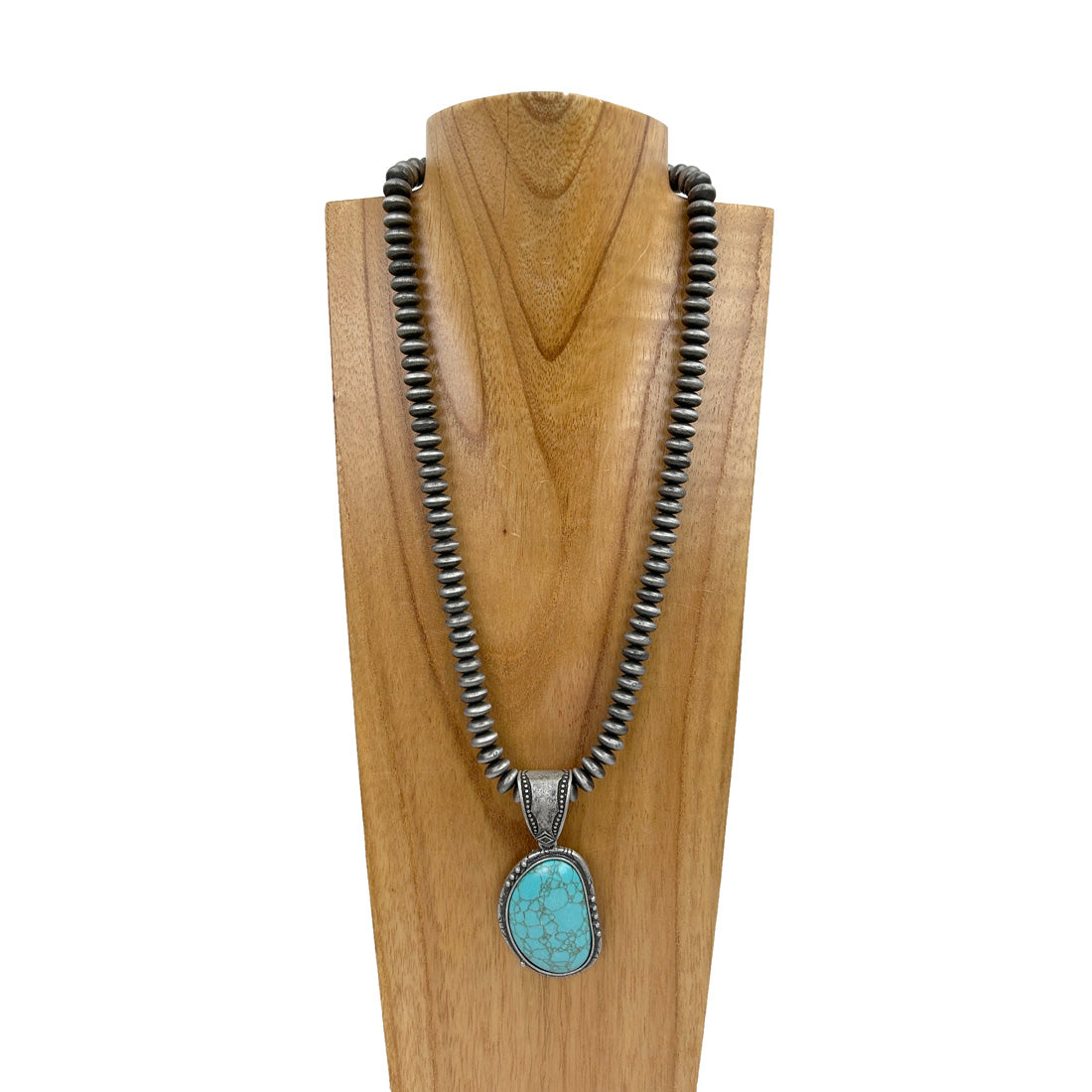 NKS230529-01-BLUE     "21 inches silver roundel Navajo pearl bead with blue turquoise stone pendent Necklace"