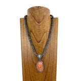 NKS230529-01-ORANGE     "21 inches silver roundel Navajo pearl bead with  orange stone pendent Necklace"