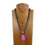 NKS230529-01-PINK     "21 inches silver roundel Navajo pearl bead with  hot pink stone pendent Necklace"