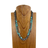 NKS230529-02      "21 inches Double strings blue roundel turquoise  stone with silver Navajo pearl bead Necklace"