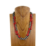 NKS230529-03     "21 inches Double strings red coral with silver  Navajo pearl bead Necklace"