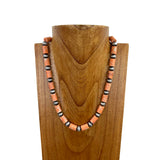 NKS230529-08    "21 Inches orange cylinder coral with silver  Navajo pearl bead Necklace"