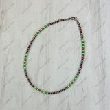 NKS230603-02-GREEN            16‘’ 4mm copper Navajo pearl with green stone Beads Necklace