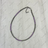 NKS230603-03-PURPLE            16‘’ 4mm Silver Navajo pearl with green stone Beads Necklace