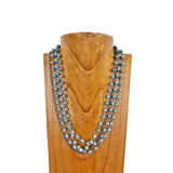 NKS230603-18      " 23 Inches 3 layers 8mm grey jasper stone beads with  silver color metal chain Necklace"