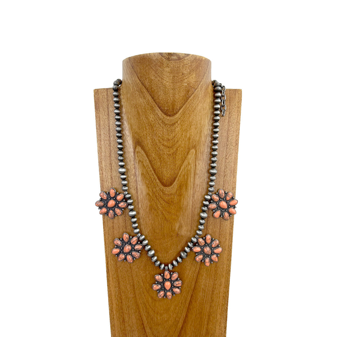 NKS230617-03-ORANGE	Silver Navajo pearls bead with orange stone concho Necklace