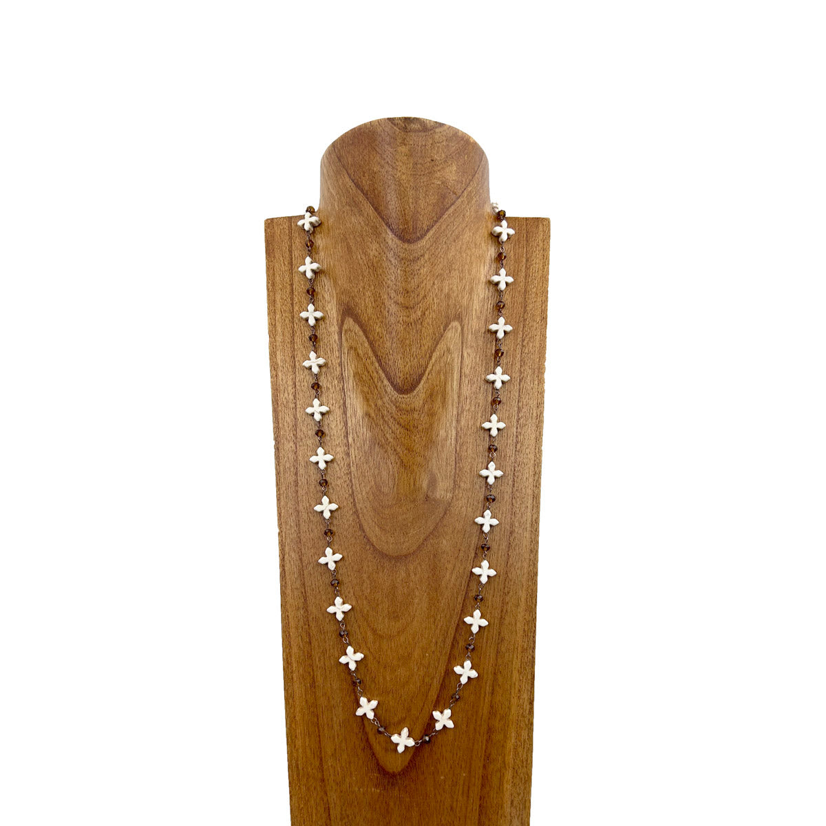 NKS230702-06	" 32 inches Small white long cross and brown crystal with  copper metal chain Necklace"