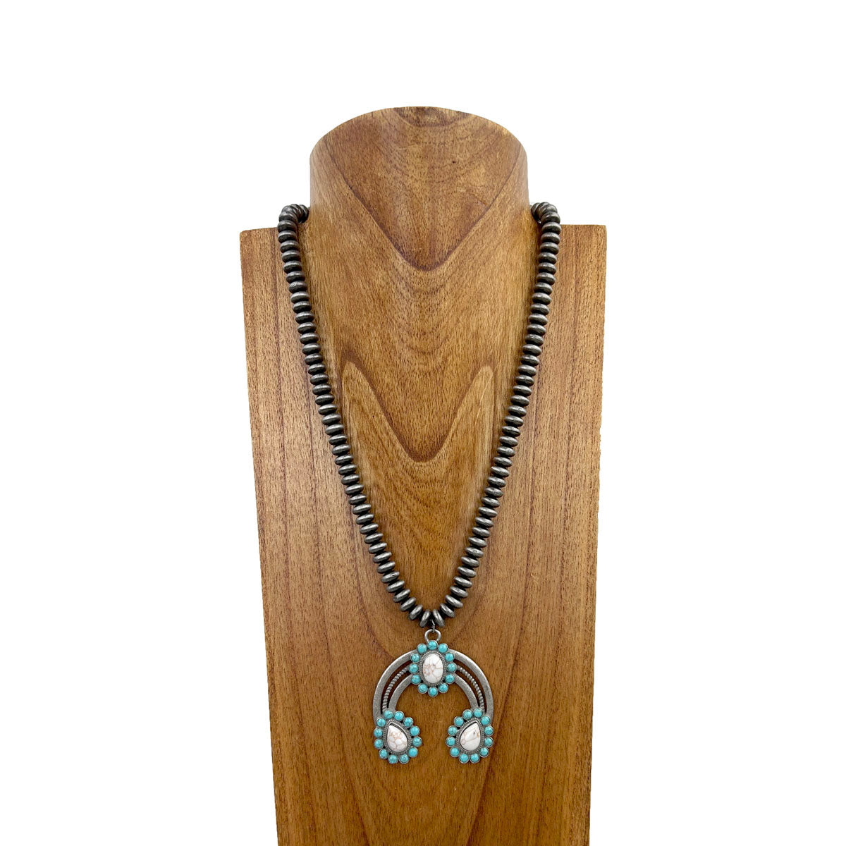 NKS230702-17           22 inches Roundel silver Navajo pearl beads with blue turquoise and white stone squash blossom  necklace