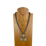 NKS230702-18	22 inches Roundel silver Navajo pearl beads with blue turquoise and orange stone squash blossom Necklace