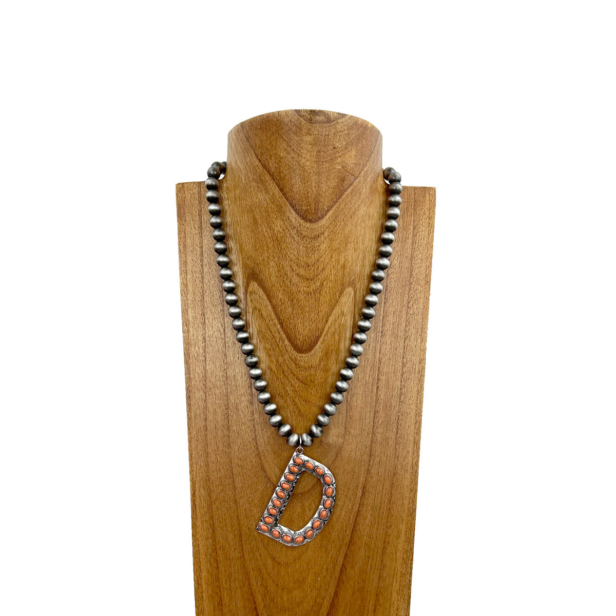 NKS230704D-PINK	21 Inches 10mm silver Navajo pearl beads with pink stone letter D pendant Necklace