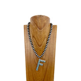 NKS230704F-BLUE	21 Inches 10mm silver Navajo pearl beads with blue turquoise stone letter F pendant Necklace