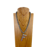 NKS230704F-BLUE	21 Inches 10mm silver Navajo pearl beads with blue turquoise stone letter F pendant Necklace