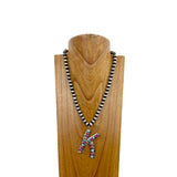 NKS230704K-WHITE	21 Inches 10mm silver Navajo pearl beads with white stone letter K pendant Necklace