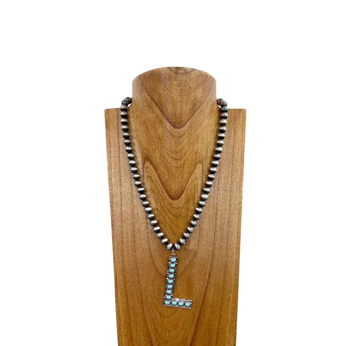 NKS230704L-BLUE	21 Inches 10mm silver Navajo pearl beads with blue turquoise stone letter L pendant Necklace