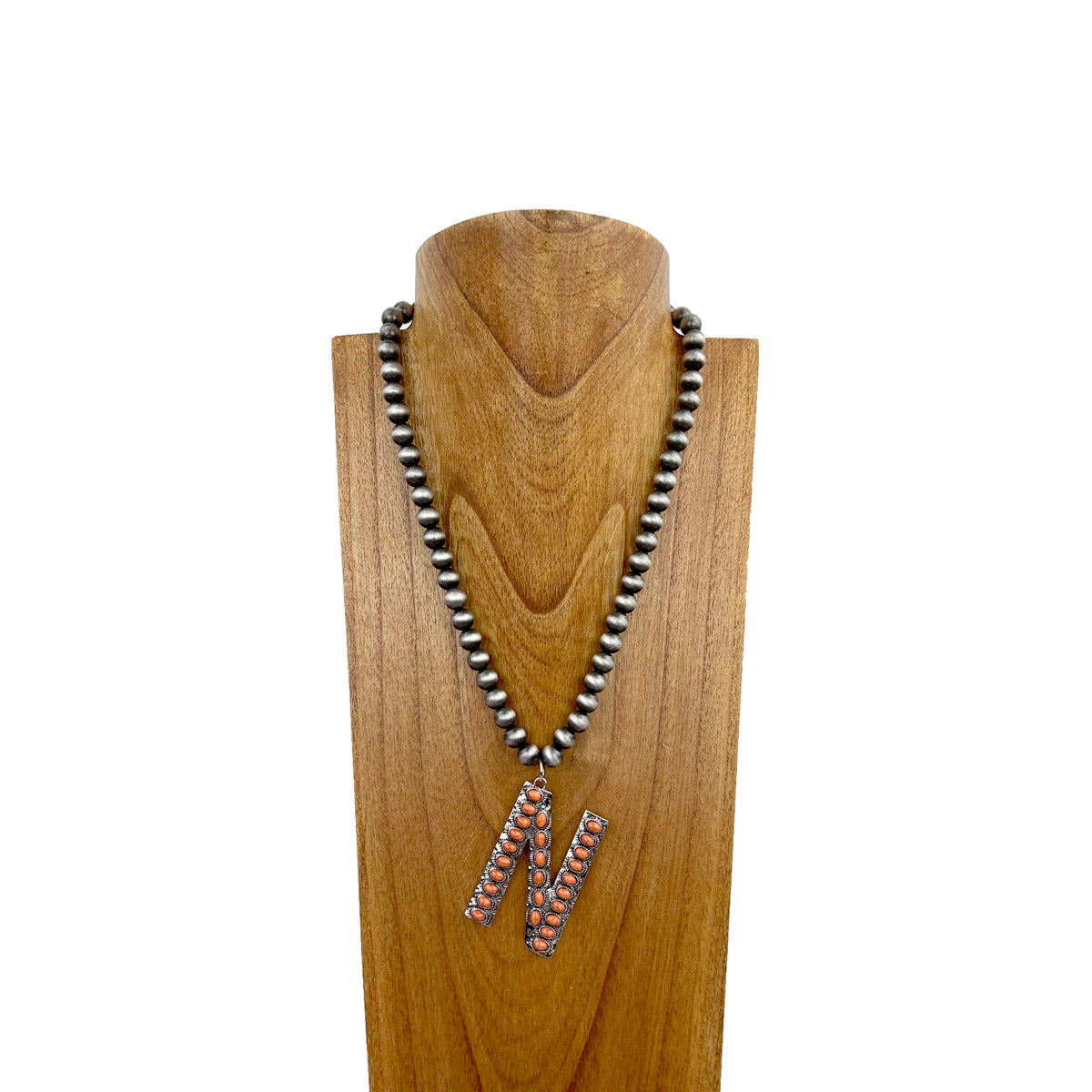NKS230704N-ORANGE	                      21 Inches 10mm silver Navajo pearl beads with orange stone letter N pendant Necklace