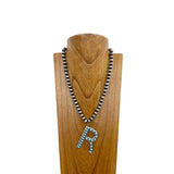 NKS230704R-WHITE	21 Inches 10mm silver Navajo pearl beads with white stone letter R pendant Necklace