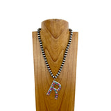 NKS230704R-WHITE	21 Inches 10mm silver Navajo pearl beads with white stone letter R pendant Necklace