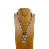 NKS230704S-BLUE	21 Inches 10mm silver Navajo pearl beads with blue turquoise stone letter S pendant Necklace