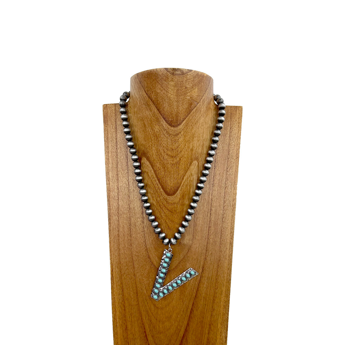 NKS230704V-ORANGE	        21 Inches 10mm silver Navajo pearl beads with orange stone letter V pendant Necklace