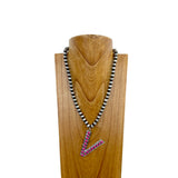 NKS230704V-ORANGE	        21 Inches 10mm silver Navajo pearl beads with orange stone letter V pendant Necklace